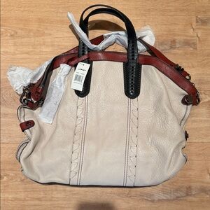 ORYANY Beige Leather Satchel with Black & Burgundy Trim